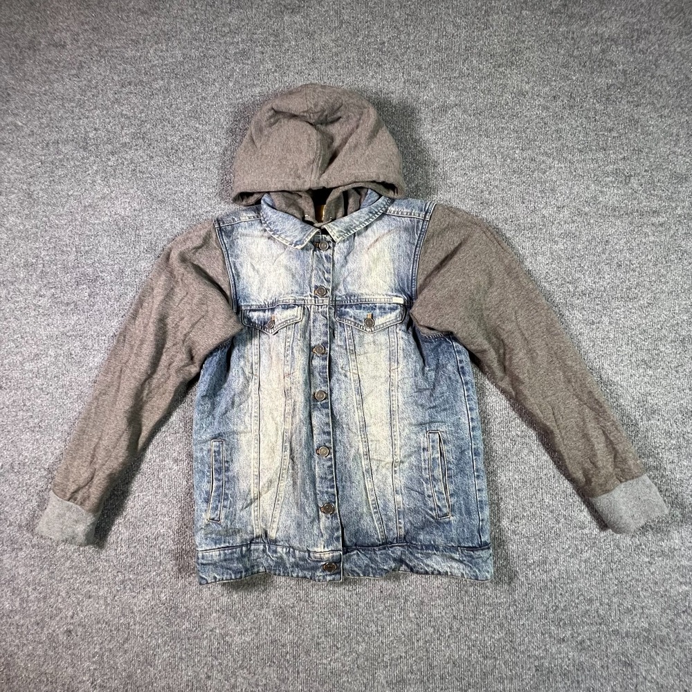 Volcom Trucker Jacket Boy Medium 12 Blue Gray Denim Button Front Hooded Everyday